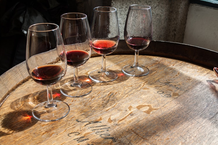 Vinsmagning med forskellige typer portvin på træfad i Douro-dalen, Portugal