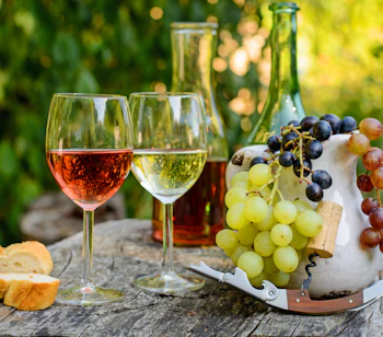 Romantisk udendørs vinsmagning i Toscana med glas rosé og hvidvin, friske druer og rustikt brød på et træbord omgivet af vinranker ved solnedgang