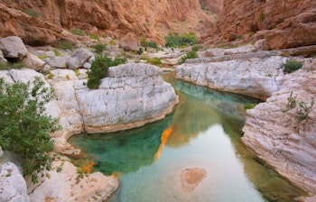 Turkisblå oase ved Wadi Bani Khalid i Oman med klare vandhuller omgivet af majestætiske klipper og palmer