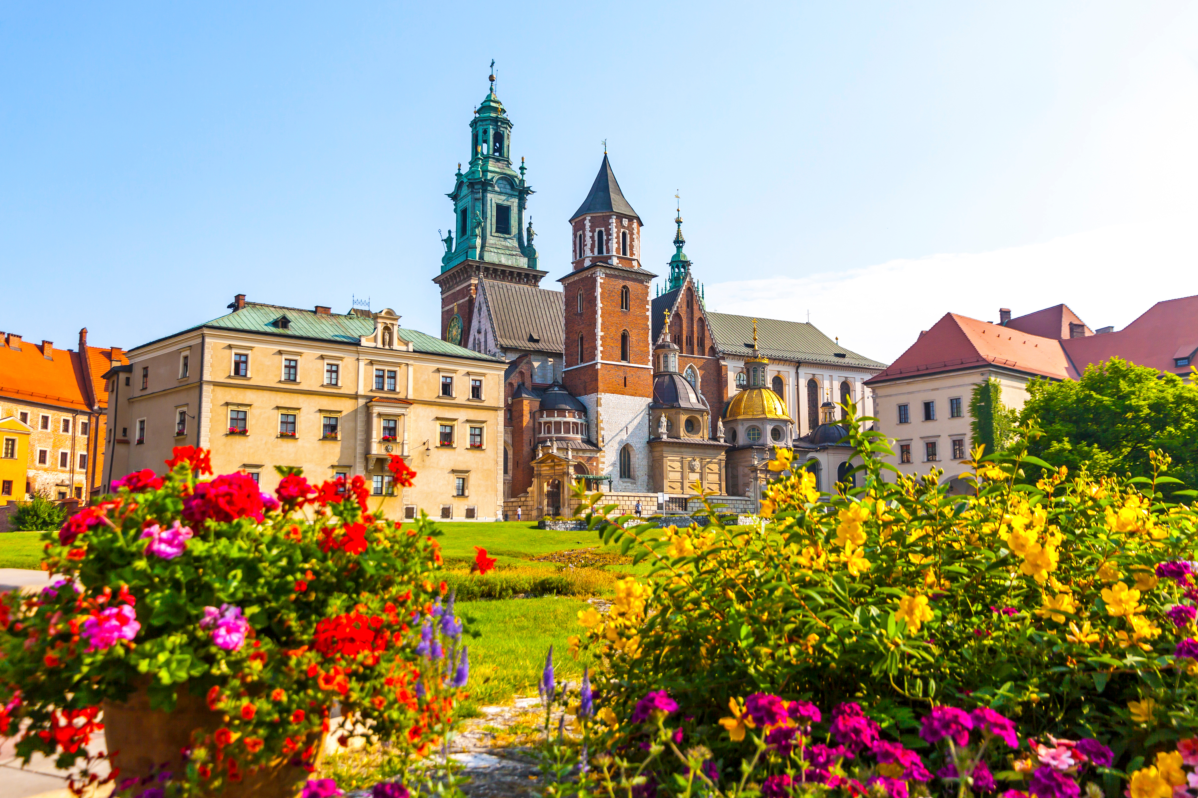 Wawel Kongeslot i Krakow med farverige sommerblomster i forgrunden og blå himmel