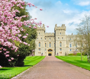 Windsor Slot i forårsblomstring med lyserøde kirsebærblomster langs stien til George IV-porten, kongelig residens i England