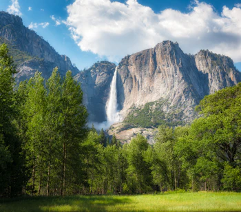 Majestaetisk Yosemite Falls med hoeje klippevægge og groen eng i forgrunden under dramatisk himmel i Californien