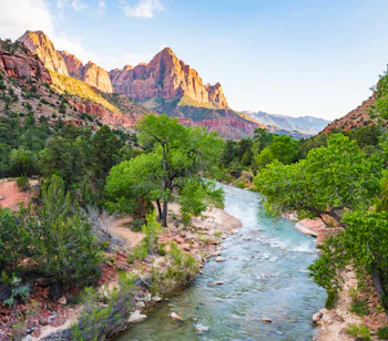 Virgin River løber gennem Zion Canyon med røde sandstensklipperne og grønne træer i Utah